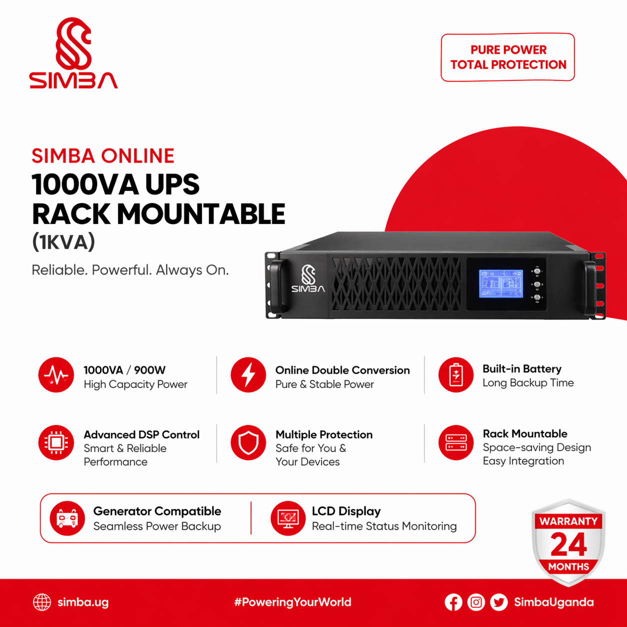 SIMBA ONLINE UPS 1000VA-SG1K S RACK MOUNTABLE